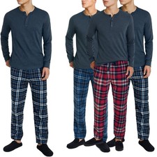Mens Pyjama Set Henley Button T Shirt Loungewear PJ Set Soft Flannel Trousers