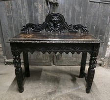 Antique Victorian Gothic Revival Oak Carved Hall Table Writing Table