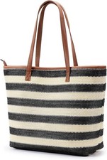 KALIDI Straw Tote Beach Bag Striped Shoulder Handbag Stitch Woven Straw-black 