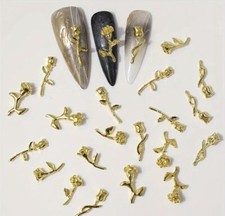 10x 3D Alloy metal Mix Gold Rose stem flower Nail Art Charms Nail Jewellery