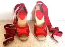 Womens  OFFICE- Red Sequin Espadrille Wedge Sandals With Tie Leg Straps - New