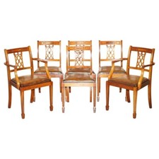 SIX VINTAGE RESTORED HAND DYED BROWN LEATHER HAND CARVED FRAME DINING CHAIRS