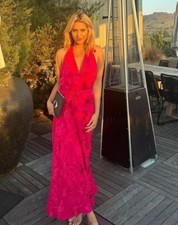 ZARA WOMAN HALTER JACQUARD MIDI DRESS WITH TIE FLORAL FUCHSIA Size M 3374/559