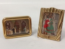 Vintage Marquetry Art Miniature Framed Pictures Gold Trim  Set of 2 Collectible