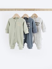NEXT Baby 3 Pack Blue Grey Slogan 100% Cotton 0-3 M Double Zipper Footless Mitte