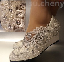 su.cheny White ivory wedge pearls lace crystal Wedding Bridal heels pumps shoes