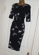 Phase Eight black stretch bird print jersey wiggle smart day / party dress sz 12