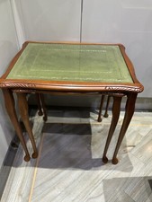 Vintage Nest Of 2 Tables Yew Teak Wood Cabriole Legs Green Leather Glass Tops