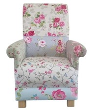Patchwork Roses Fabric Adult Armchair Chair Pink Floral Accent Blue Flowers New