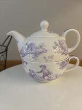 Laura Ashley "Toile" White Lilac Patterned Teapot  And Cup for 1 Bone China