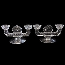 2 Fostoria Glass Double Candlesticks Candelabra Candle Holders Art Deco Vintage 