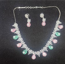 Premium American Diamond Mink Pink  3-D Set With Matching Earrings