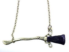 Vintage retro style antique bronze witch broom broomstick necklace