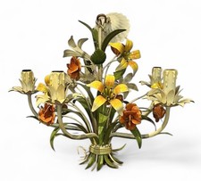 Original Mid Century Italian Toleware Metal Painted Flowers Chandelier