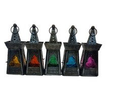 Moroccan Style Metal Lantern with Painted Glass Tealight Holder Candle 16cm