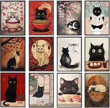 Vintage Japanese Cat Poster Sushi Ramen Theme Kawaii Wall Art Retro Decor Print
