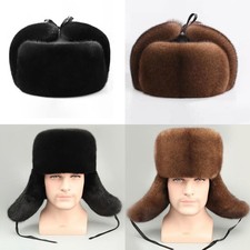 Men Ushanka Hat Faux Mink Fur Lined Winter Warm Russian Cossack Ski Trapper Cap