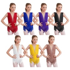 UK Girls Costume Sleeveless Leotard Shiny Rhinestones Bodysuit Dancing Dancewear