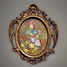 Original Vintage Miniature Still Life Floral Painting Ornate Oval Frame