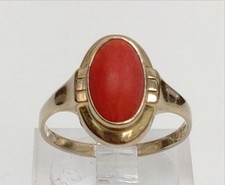 Vintage 8ct Yellow Gold Ring Art Deco Style Bezel Set Oval Cabochon Coral 1.46g