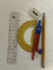 Helix Compass Red Plastic Yellow Protractor Pencil 6” Ruler Plus A Helix Eraser