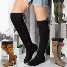 Ladies Thigh High Boots Womens Lace Up Flats Slouch Over The Knee Fashion Shoes