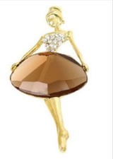 AMBER/BROWN  GOLD TONE DANCING GIRL BROOCH PIN WITH  RHINESTONE CRYSTALS