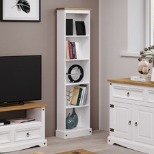 Premium Corona Tall Narrow Bookcase, White Wax Antique Effect, Top Adjustable