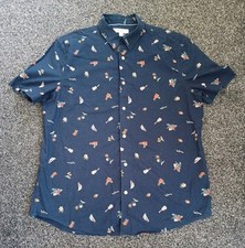 M&S Hawaiian Navy Shirt Mens Size L Ukulele Short Sleeved Summer