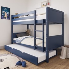 Single Bunk Bed Detachable Navy Blue Wooden with Trundle Bed and Ladder