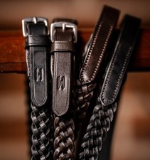 Horseware Plaited Reins Braided Leather Show Hunter Tack Black/Brown Pony-Full