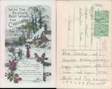 Christmas scene with cottage Watlington Oxon England WBK 1907 postmark Snow Real