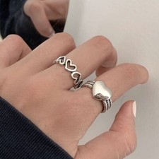 925 Sterling Silver Vintage Heart Adjustable Fashion Ring Women Girls Jewellery 