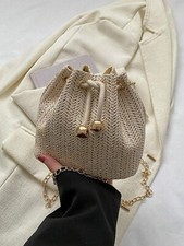 Womens Beige Small Straw Bag Gold Chain Strap Summer Holiday Beach Party Gift