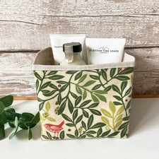 Handmade Bathroom oilcloth pvc & fabric storage basket -Woodland Foliage & Birds