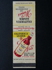Matchbook Cover CALIFORNIA LEADER WINES & PORT Gardiner Maine 1940's