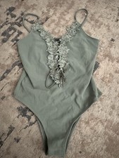 Top Shop Sage Green Lace and Floral Bodysuit With Snap Enclosure Size 6
