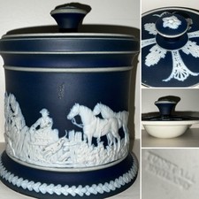 RARE Antique ADAMS TUNSTALL Dark Blue JASPERWARE STAFFORDSHIRE HUMIDOR JAR 5.25”