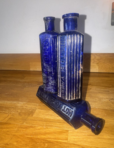 Blue glass poison bottles - 3x,
