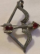 Vintage Chrome Metal & Red Stone Bow And Arrow Sweetheart Brooch