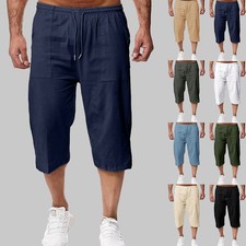 Men Cotton Linen Cargo Shorts 3/4 Length Elastic Waist Beach Capri Cropped Pants