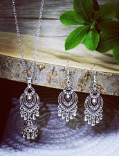 SILVER JHUMKA RHINESTONE TASSEL DROP NECKLACE EARRINGS SET INDIAN JEWELLERY 