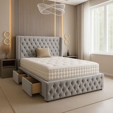 Chesterfield Plush Velvet Divan Bed Set - Winged Headboard, Footboard & Mattress