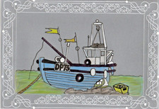 Original parchment craft Card 'gone fishing' mens Deep sea Boat card  Birthday