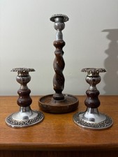 Set of 3 vintage wooden and metal candle sticks