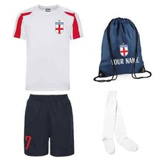 Personalised Customised Kids England Style Football Kit Shirt Shorts Socks & Bag