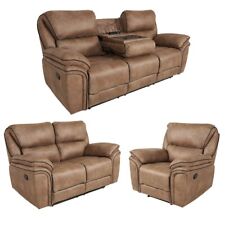 New Monaco 3+2+1 Seater Brown Fabric Recliner Sofa Couch With Drop Down Table