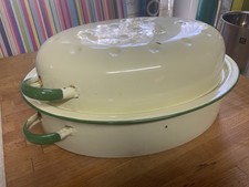 Vintage Enamel Ware Roasting Dish Cream with Green Trim