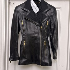 Escada Soft Black Leather Jacket Coat with Gold Zips sz34 UK8