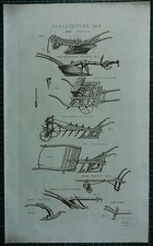 1786 PRINT ~ AGRICULTURE DRAIN PLOUGH SINGLE MOULD-BOARD DRILL HOE DRILL RAKE